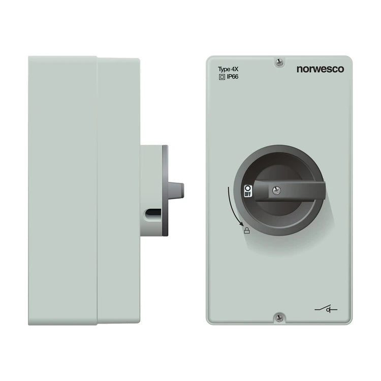Norwesco DCM 425 DC safety switch for solar PV, 4 × 25 A, illustration showing the identical DCM 416 housing, on white background.