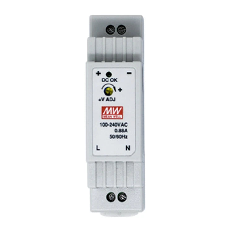 Mean Well DR-15-24 DIN rail power supply 24V DC 15W, front view on white background.
