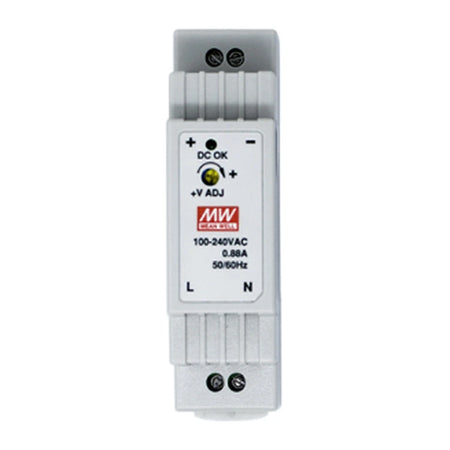 Mean Well DR-15-24 DIN rail power supply 24V DC 15W, front view on white background.