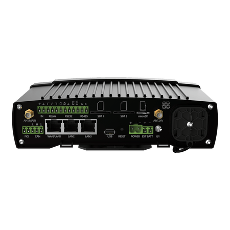 2N EasyGate IP+ 5025101E rear connectors: 3x Ethernet WAN/LAN, RS232, RS485, CAN, relay, FXS, dual SIM, microSD, USB, power