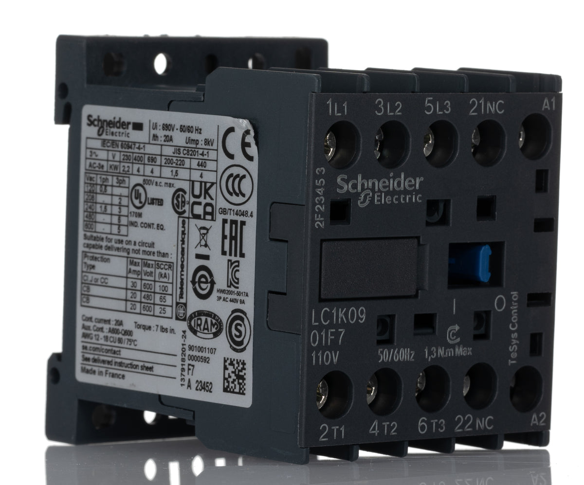 Schneider Contactor 3P 20A 110V AC TeSys K LC1K0901F7