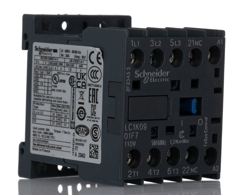 Schneider Contactor 3P 20A 110V AC TeSys K LC1K0901F7