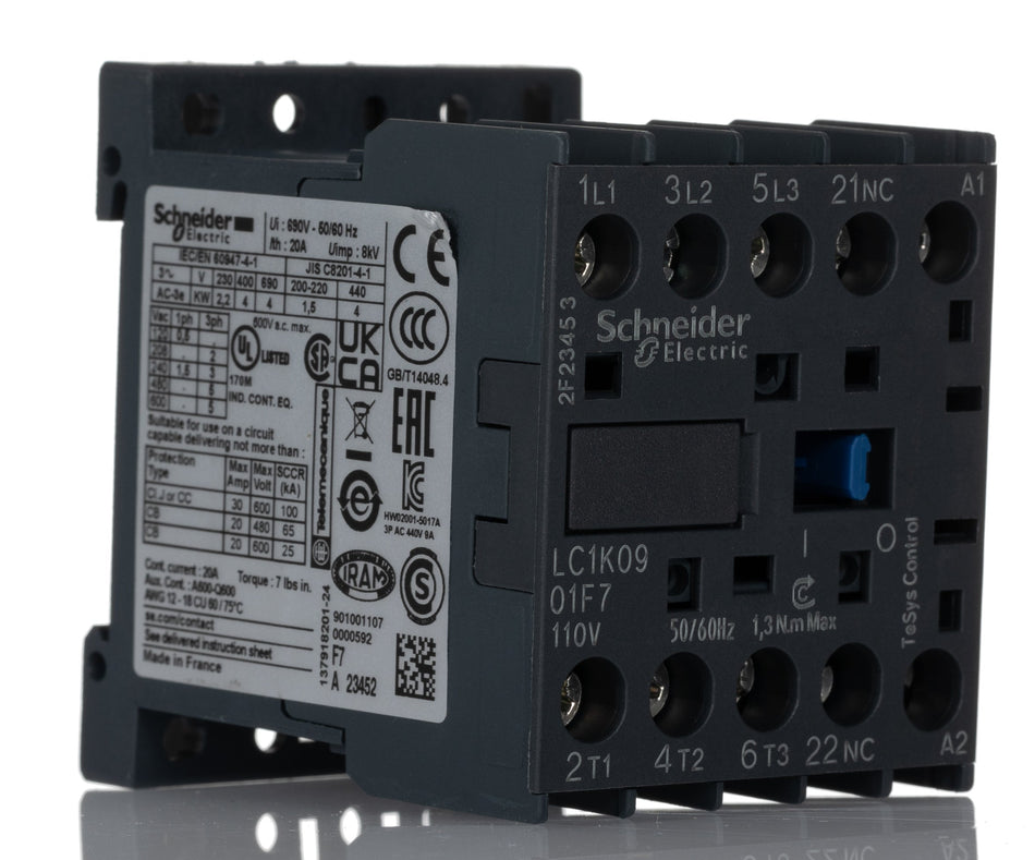 Schneider-kontaktor 3P 20A 110V AC TeSys K LC1K0901F7
