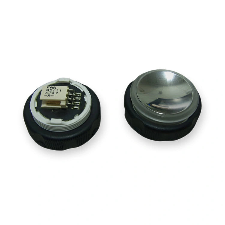 Fits Otis 2000 Push Button Green LED for MCS120/220/310 FAA25090AD112, two buttons: one showing rear terminals, the other front chrome dome, on white background.