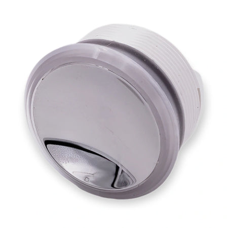 Otis MCS220/310 Button Blue LED Polished FAA25090AD113 (FAA25090AD113-3rd), angled view of a round chrome button with ribbed white base, on white background.
