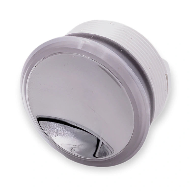 Otis MCS220/310 Button Red LED Polished FAA25090AD114, angled view of a round chrome button with ribbed white base, on white background.