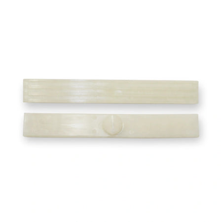 OTIS Compatible Guide Shoe Insert 150x20x5.8 mm for 16mm guide (FAA380G1), two cream plastic strips, one with a central circular button, on white background.
