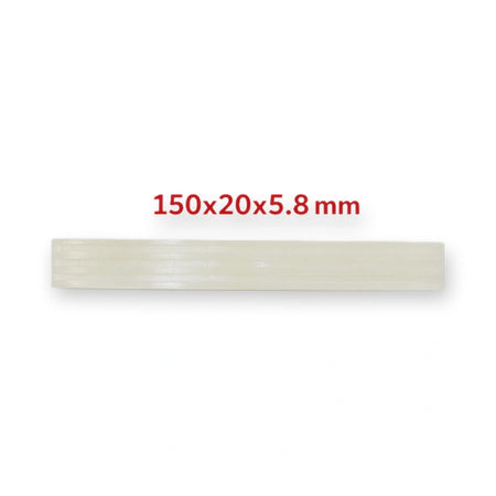 OTIS Compatible Guide Shoe Insert 150x20x5.8 mm for 16mm guide (FAA380G1), top view of a long, flat, off-white rectangular bar with textured surface, on white background.