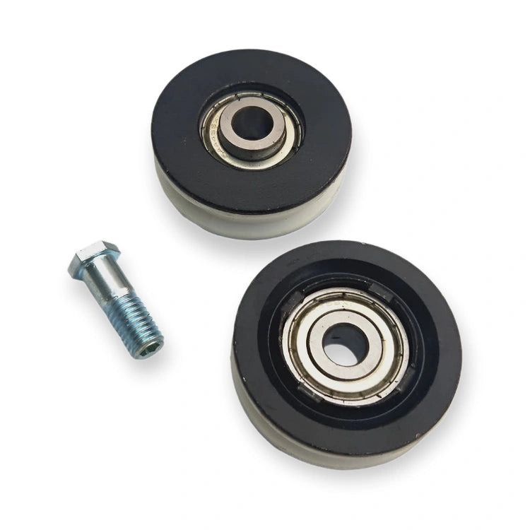 PRIMA/PAX Hanger Roller + Axel 56/48/10x16mm FAA5390A14 (FAA5390A14-KIT), top-down view of two black rollers with central bearings and a bolt, on white background.
