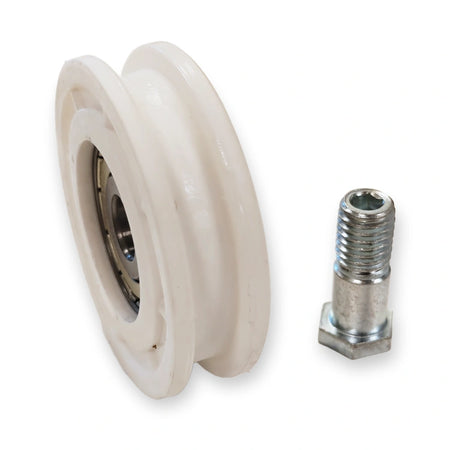 Otis PRIMA/PAX door hanger roller 56x16 mm with shoulder bolt, three-quarter view on white background.