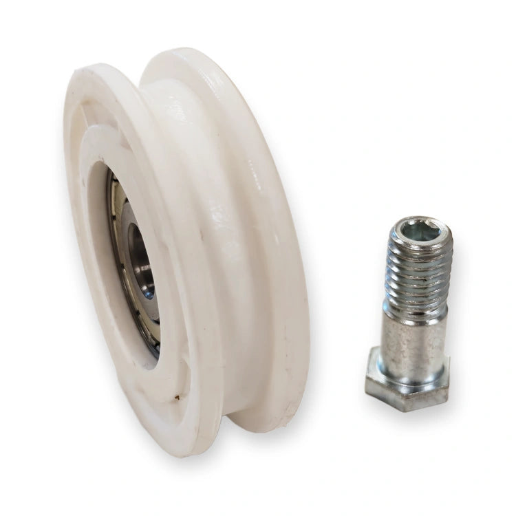 Otis PRIMA/PAX door hanger roller 56x16 mm with shoulder bolt, three-quarter view on white background.