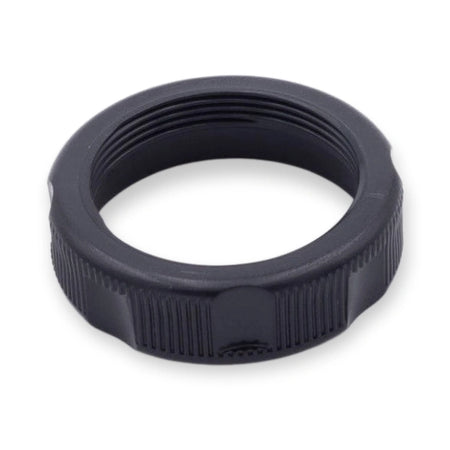 Otis 2000 Push Button Fixing Nut White FAA72N1, black ring with internal threads and ribbed outer surface, viewed from above, on white background.