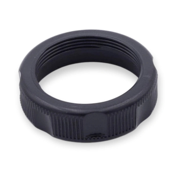 Otis 2000 Push Button Fixing Nut White FAA72N1, black ring with internal threads and ribbed outer surface, viewed from above, on white background.