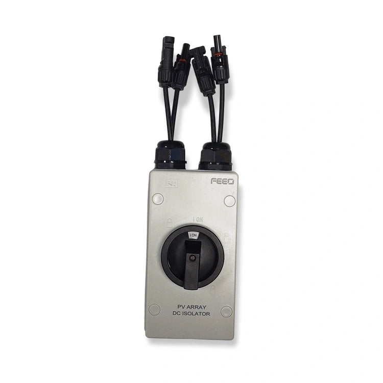 Feeo FDIS-32-4T PV array DC isolator, 4-pole 32 A, IP66 enclosure with MC4 leads, front view of the rotary switch on white background.