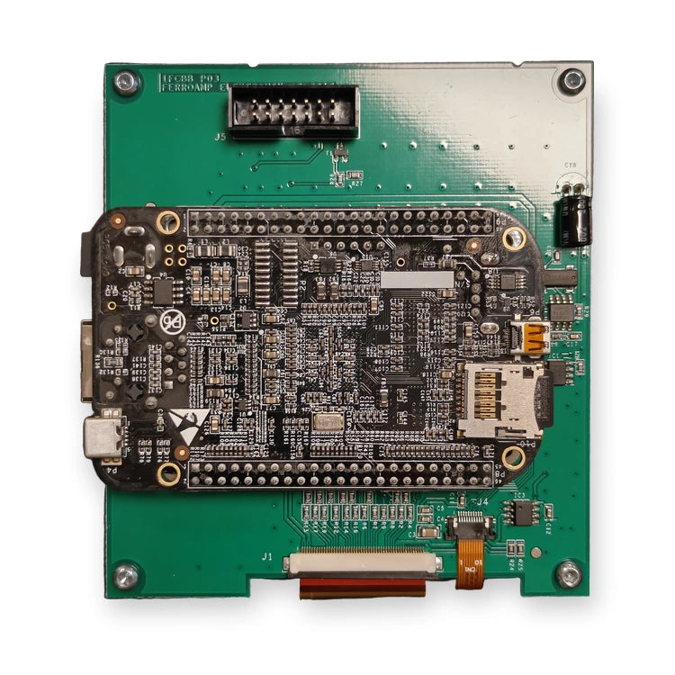 Ferroamp IFCBB P03 display interface board with BeagleBone Black, inside the EnergyHub XL display unit, rear view on white background.