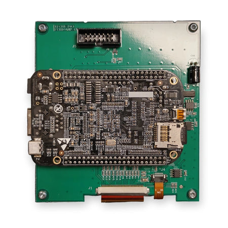 Ferroamp IFCBB P03 display interface board with BeagleBone Black, inside the EnergyHub XL display unit, rear view on white background.