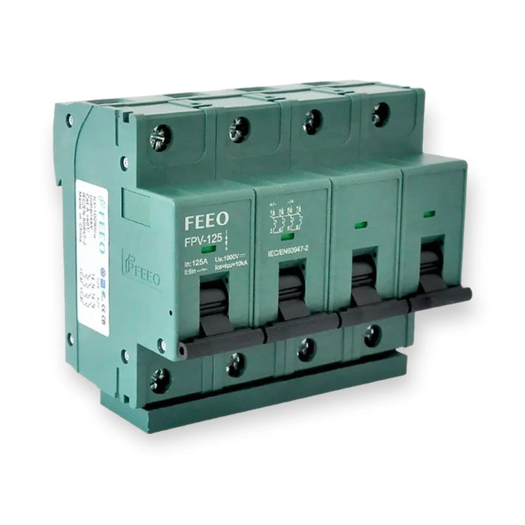 Feeo FPV-125 4-pole PV DC miniature circuit breaker 125A 1000V DC, front view on white background.
