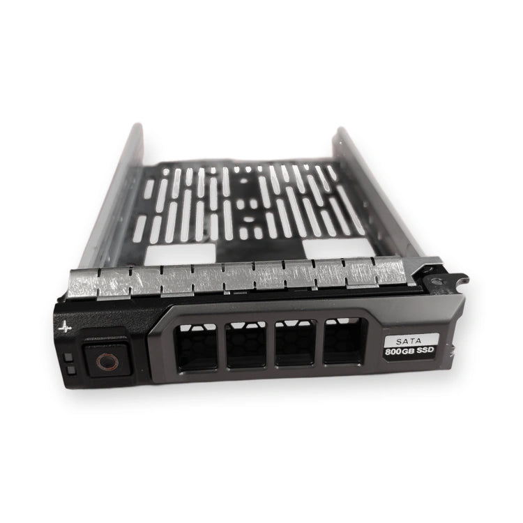 Dell compatible 3.5-inch hot-swap hard drive caddy tray, front view showing release button, LED windows and vent grille, on white background.