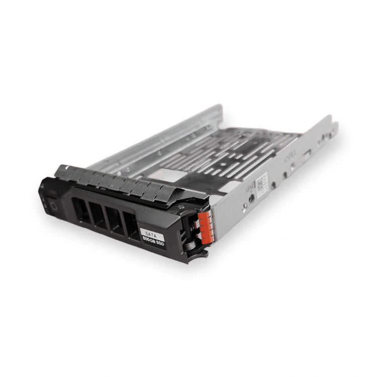 Dell compatible 3.5-inch hot-swap hard drive caddy tray, three-quarter view showing the side rail and mounting holes, on white background.