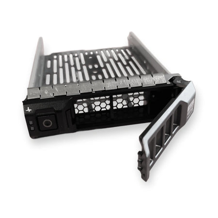 Dell compatible 3.5-inch hot-swap hard drive caddy tray with the release handle open, on white background.