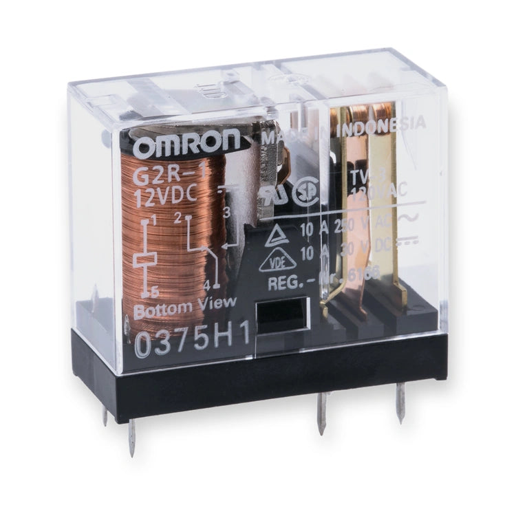 Omron Relay SPDT 12V DC 10A PCB Mount G2R-1 DC12 (G2R-1-DC12), transparent housing with copper coil, black base, and metal pins, on white background.