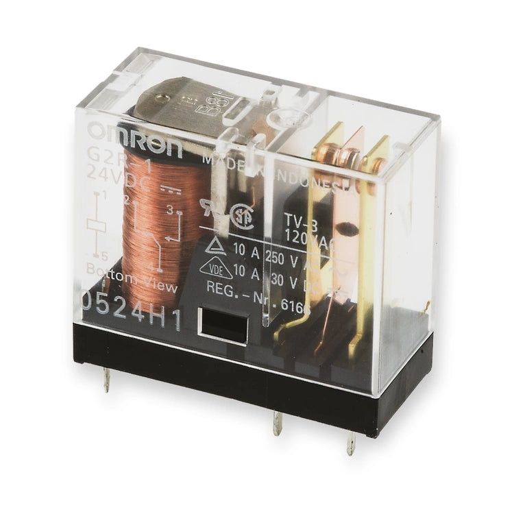 Omron Relay SPDT PCB Mount G2R-1 DC24 (G2R-1-DC24), transparent housing with copper coil, printed label, and metal pins, on white background.
