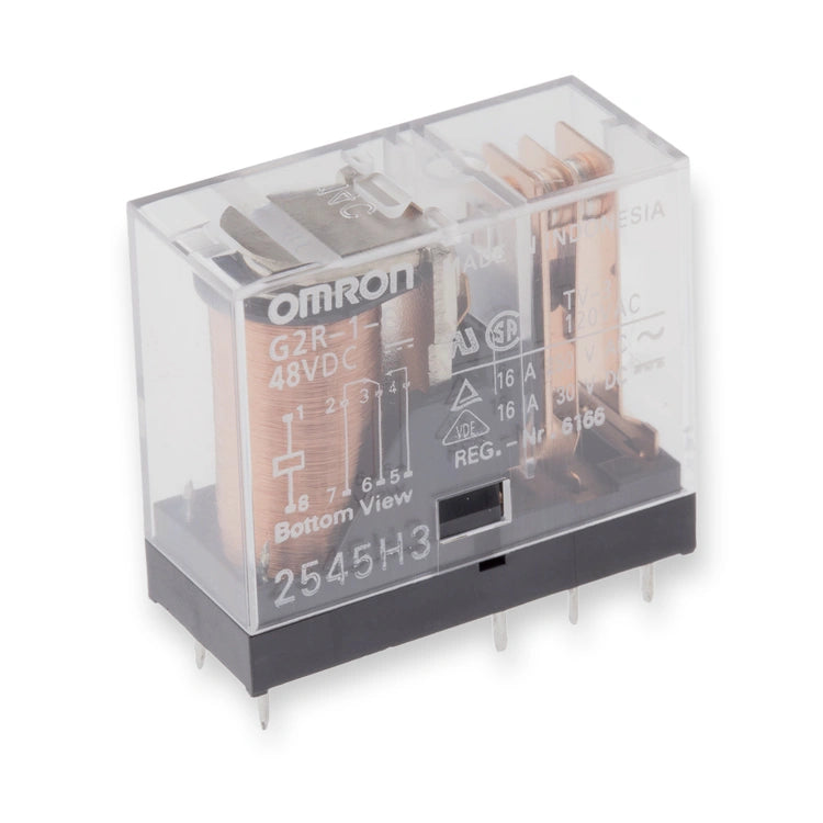 Omron Relay 48V DC SPDT 16A PCB Mount G2R-1-E DC48 (G2R-1-E-DC48), transparent housing with printed labels and copper coil visible from side angle, on white background.
