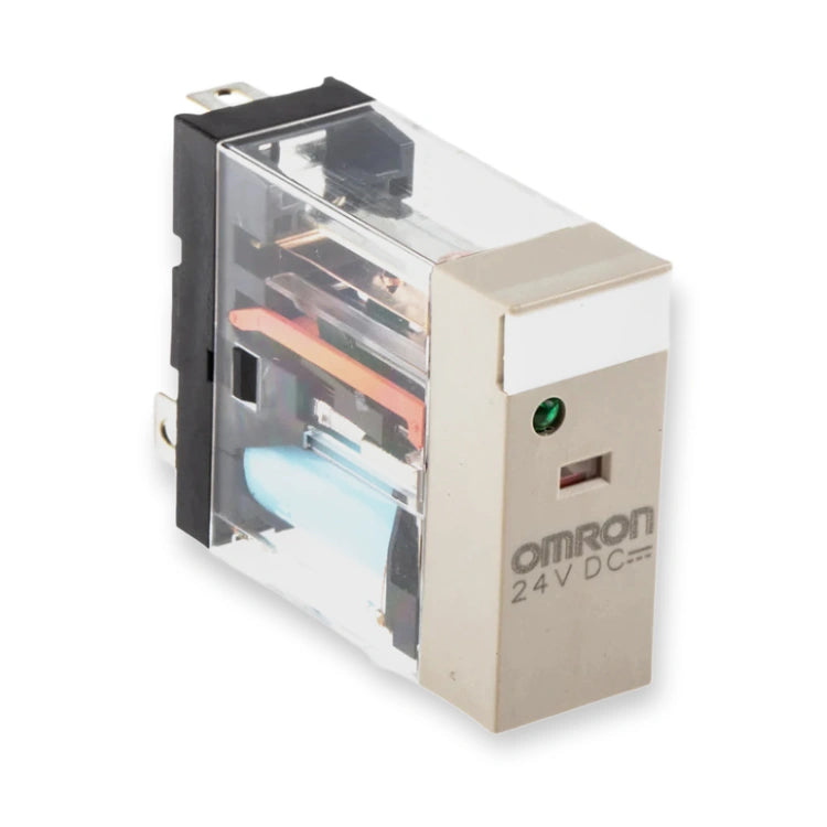 Omron Relay 24V DC SPDT 10A Plug-In G2R-1-SN DC24(S) (G2R-1-SN-DC24-S), angled view showing transparent housing, internal coils, and beige terminal face, on white background.