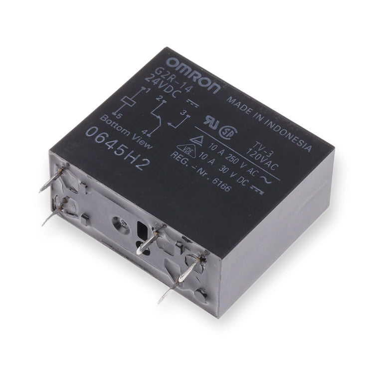 Omron Relay 24V DC SPDT 10A PCB Mount G2R-14 DC24 (G2R-14-DC24), top and side view showing printed label and metal pins, on white background.
