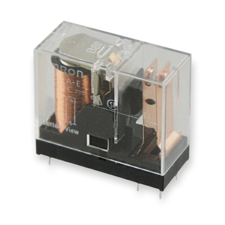 Omron Relay 24V DC Coil SPST 10A PCB Mount G2R-1A DC24 (G2R-1A-DC24), transparent housing revealing copper coil, black base, and metal pins, on white background.