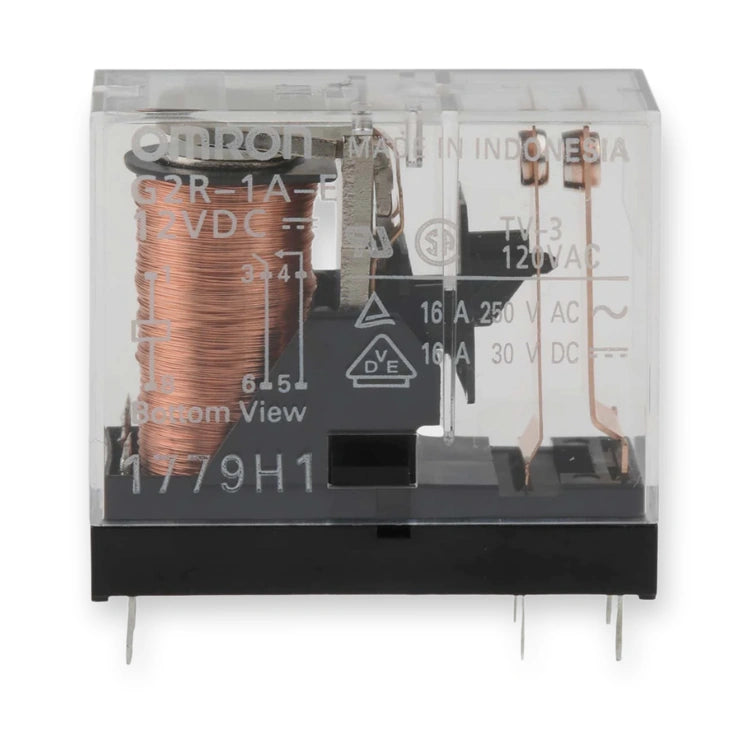 Omron Relay 12V DC 16A SPST PCB Mount G2R-1A-E DC12 (G2R-1A-E-DC12), transparent housing showing copper coil, black base, and metal pins, on white background.