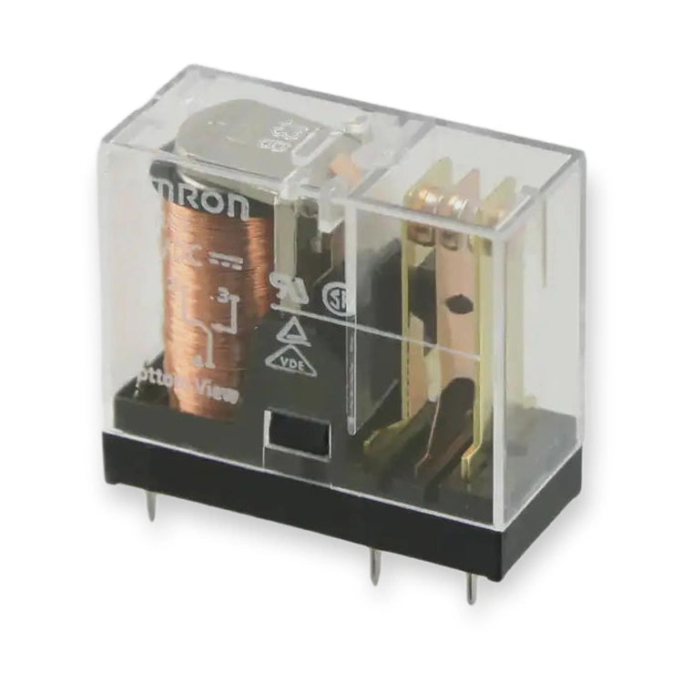 Omron Relay SPDT 24V DC Coil 16A PCB Mount G2R-1A-E DC24 (G2R-1A-E-DC24), transparent housing revealing copper coil, black base, and metal pins, on white background.