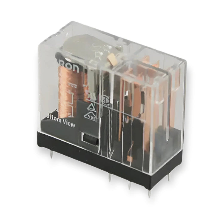 Omron Relay 230V AC DPDT PCB Mount 3A G2R-2 AC230 (G2R-2-AC230), transparent housing with copper coil and metal pins, angled view, on white background.
