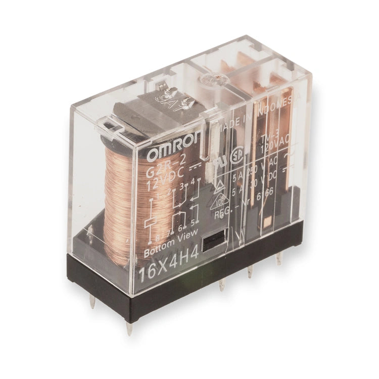 Omron Relay 12V DC DPDT PCB Mount G2R-2 DC12 (G2R-2-DC12), transparent housing with copper coil, printed circuit diagram, and metal pins, on white background.