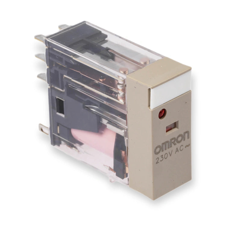 Omron Relay 230V AC DPDT Plug-In G2R-2-SN AC230(S) (G2R-2-SN-AC230-S), beige side with red indicator, transparent housing, and metal pins, on white background.