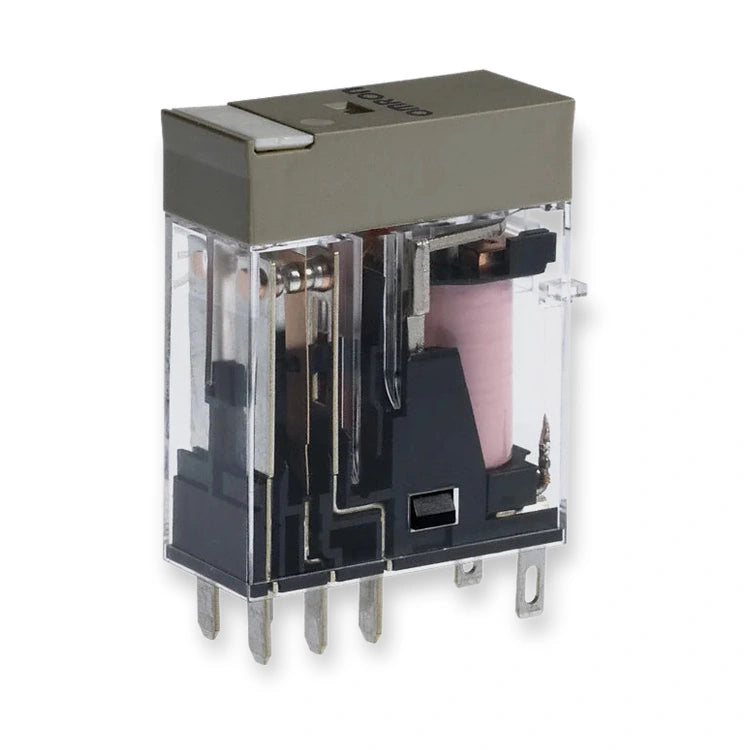 Omron Relay DPDT 24V AC Plug-In 5A G2R-2-SN AC24(S) (G2R-2-SN-AC24-S), transparent housing revealing internal coil and metal pins from side angle, on white background.