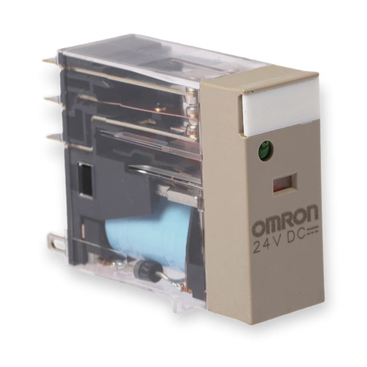 Omron Relay DPDT 24V DC Coil 5A Plug In G2R-2-SND DC24(S) (G2R-2-SND-DC24-S), transparent housing revealing internal coil, with beige label panel and metal pins, on white background.