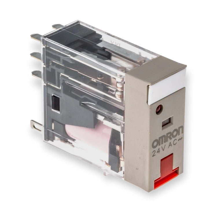 Omron Relay 24V AC Coil 5A DPDT G2R-2-SNI AC24(S) (G2R-2-SNI-AC24-S), transparent housing with metal pins and red indicator on gray base, on white background.