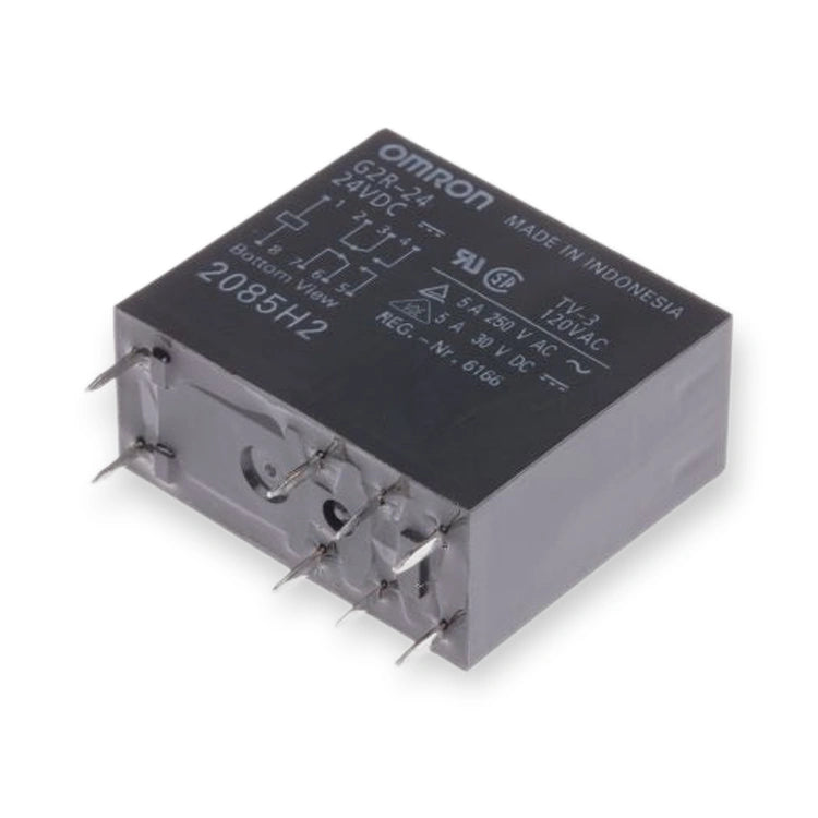 Omron Relay DPDT 24V DC Coil 3A PCB Mount G2R-24 DC24 (G2R-24-DC24), top and side view showing printed label and protruding metal pins, on white background.