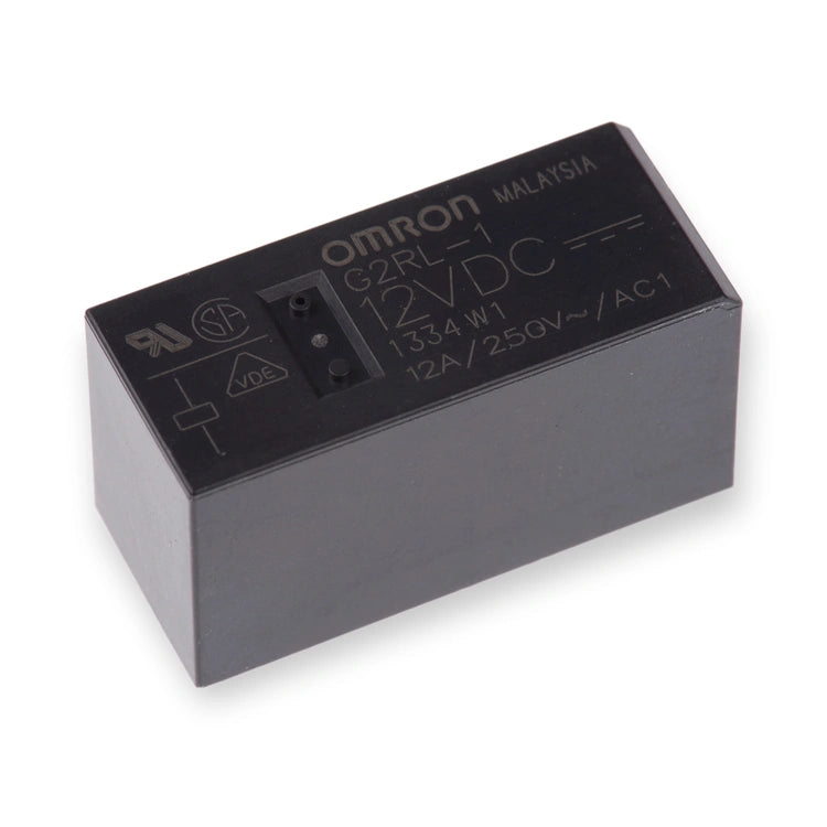 Omron Relay 12V DC SPDT 12A PCB Mount G2RL-1 DC12 (G2RL-1-DC12), top view showing printed markings and three small pin holes, on white background.