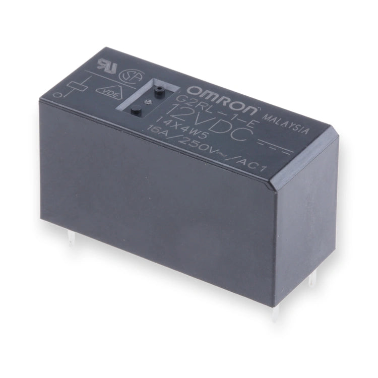 Omron Relay SPDT 12V DC 16A PCB Mount G2RL-1-E DC12 (G2RL-1-E-DC12), top-down angled view showing printed label and two mounting holes, on white background.