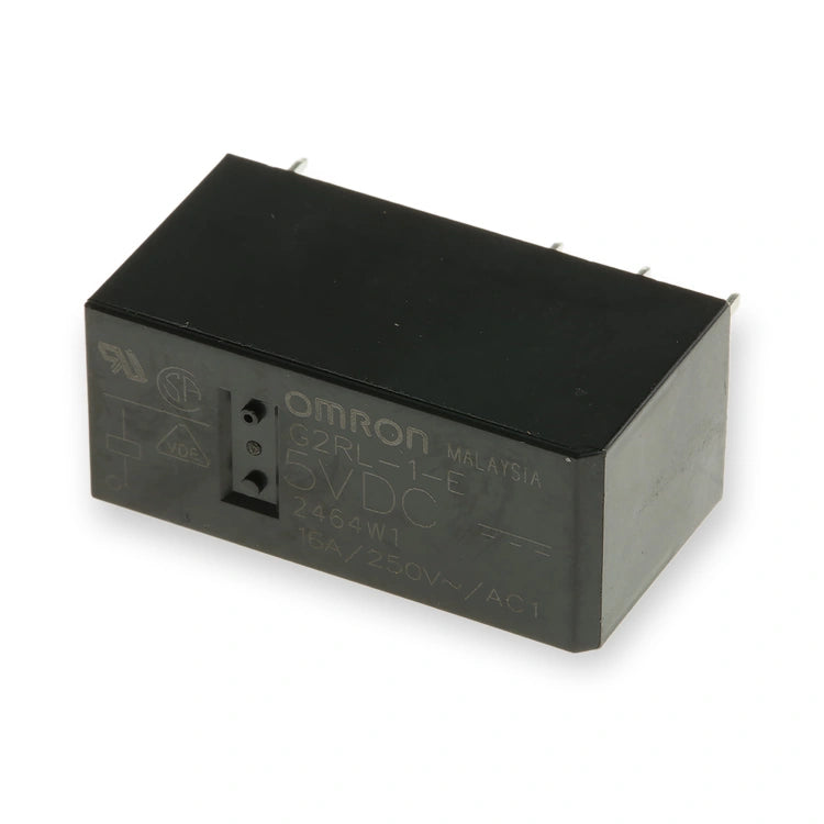 Omron Relay 5V DC SPDT 16A PCB Mount G2RL-1-E DC5 (G2RL-1-E-DC5), black rectangular relay viewed from above with printed label side and pins, on white background.