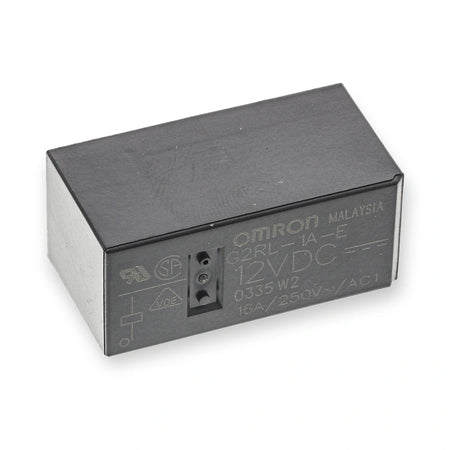 Omron Relay 12V DC SPST 16A PCB Mount G2RL-1A-E DC12 (G2RL-1A-E-DC12), black rectangular relay viewed from above with printed label and three-pin socket, on white background.