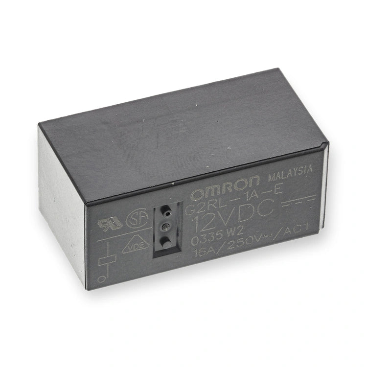 Omron Relay 12V DC SPST 16A PCB Mount G2RL-1A-E DC12 (G2RL-1A-E-DC12), black rectangular relay viewed from above with printed label and three-pin socket, on white background.