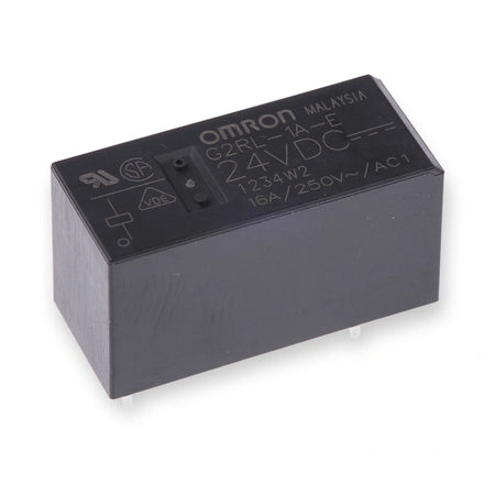 Omron Relay 24V DC Coil 16A SPST G2RL-1A-E DC24 (G2RL-1A-E-DC24), black rectangular relay viewed from above with printed label and pin holes, on white background.
