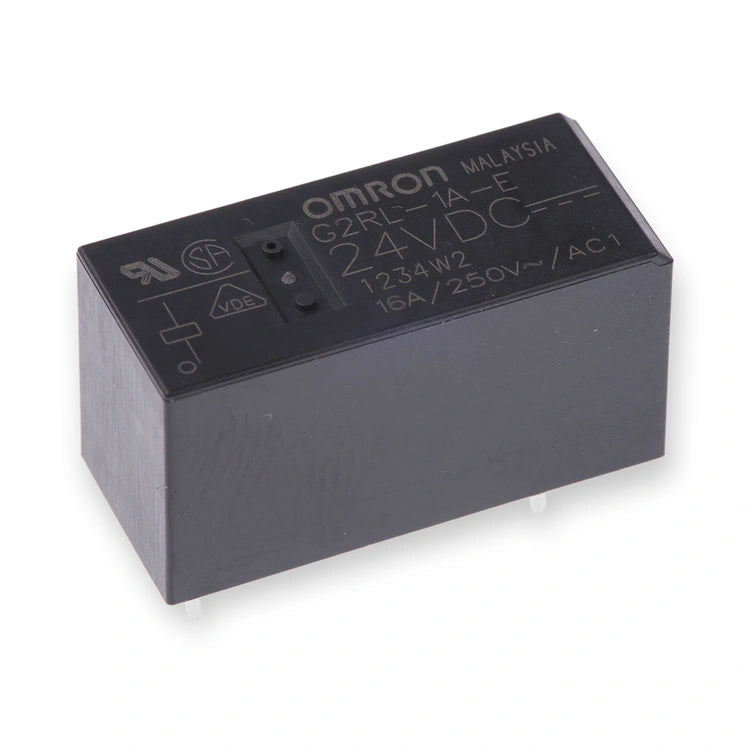 Omron Relay 24V DC Coil 16A SPST G2RL-1A-E DC24 (G2RL-1A-E-DC24), black rectangular relay viewed from above with printed label and pin holes, on white background.