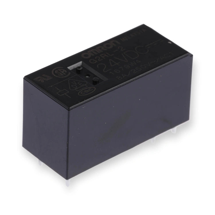 Omron Relay 24V DC DPDT 8A PCB Mount G2RL-2 DC24 (G2RL-2-DC24), black rectangular relay viewed from above with printed label and pins, on white background.