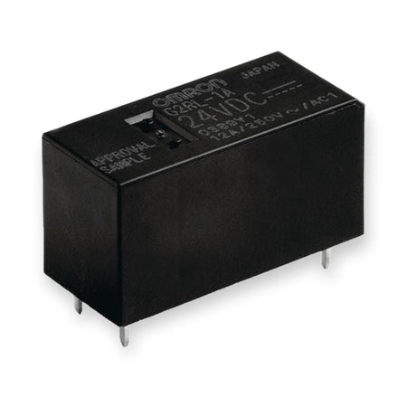 Omron Relay DPDT 24V DC Coil PCB Mount 8A G2RL-2A DC24 (G2RL-2A-DC24), top view of black rectangular relay with printed text and metal pins, on white background.