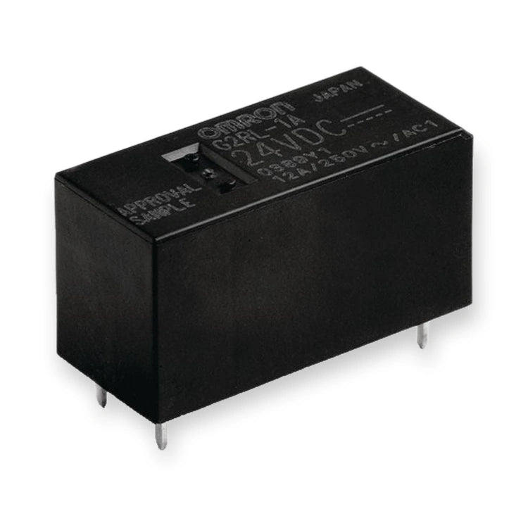 Omron Relay DPDT 24V DC Coil PCB Mount 8A G2RL-2A DC24 (G2RL-2A-DC24), top view of black rectangular relay with printed text and metal pins, on white background.