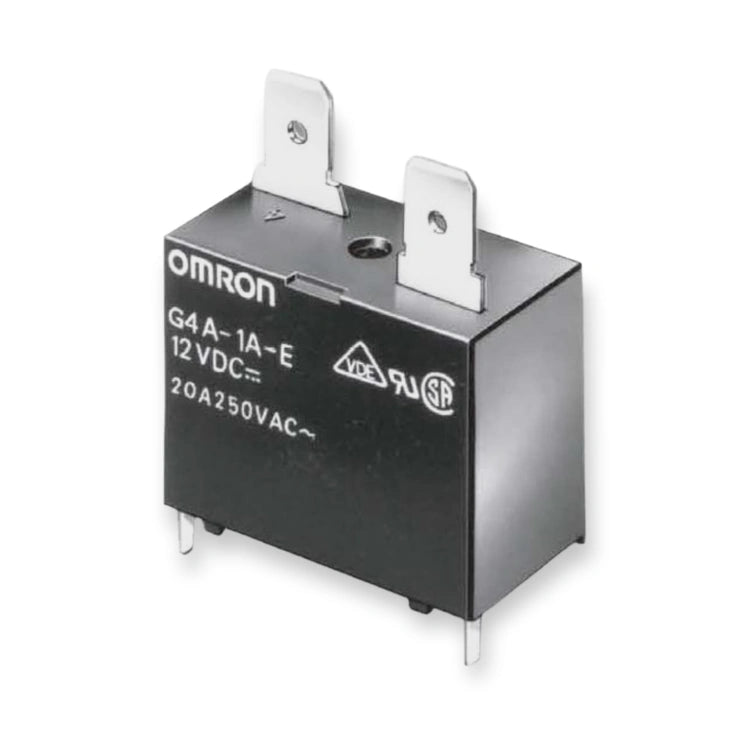 Omron Relay 24V DC SPST 20A PCB Mount G4A-1A-E DC24 (G4A-1A-E-DC24), black relay body with white label and two top metal tabs, on white background.